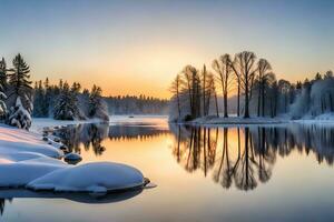 fånga de lugna oerhördhet av en cementerad sjö reflekterande de blinkande lampor av studsade i träd. ai genererad foto