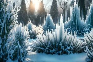 en botanisk skapa ändrats förbi vinter, med uppsättning brunnar och växter ljusnade med is. kreativ resurs, ai genererad foto