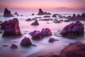 i de morgon, de kant av de vatten har verkligen trevlig stenar i rosa och lila färger.. kreativ resurs, ai genererad foto