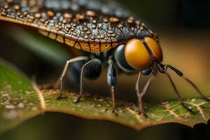 en närbild bild av en insekt på en blad den där visar Allt de mycket liten detaljer. den visar Vad liv är tycka om på de skog golv.. kreativ resurs, ai genererad foto