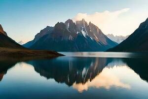 en lugna sjö reflekterande de omslutande bergen och himmel tycka om en reflektera. ai genererad foto