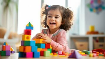 en liten flicka leende medan skapande en regnbåge torn med block foto