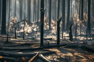 detta text kan vara tillverkad enklare. efter en stor brand, en skog är vänster helt och hållet bränt. de bild visar Vad de område utseende tycka om efter en naturlig katastrof. ai genererad foto