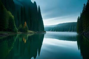 en grumlighet säkrad berg sjö med vintergröna träd reflekterad på dess glittrande yta. ai genererad foto