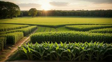 grön kolonner av tillverkad majs på en privat agrar- fält. ai genererad foto