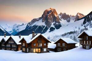 en skön upphöjd stad säkrad i snö, med intressant hus och täckt bergen inom de landskap. ai genererad foto