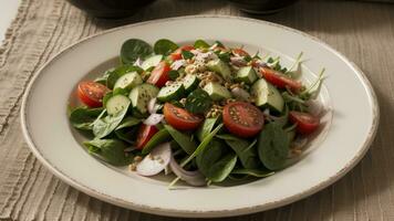 ansenlig vegetabiliska sallad av uppiggande tomat , gurka , lök , spenat , sallad och sesam på tallrik . diet meny . överstiga skick. kreativ resurs, ai genererad foto