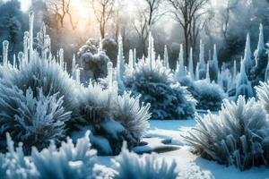 en botanisk göra ändrats förbi vinter, med uppsättning brunnar och växter ljusnade med is. kreativ resurs, ai genererad foto