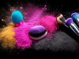 kosmetisk borstar och explosion färgrik pulver på svart bakgrund. göra upp borsta med pulver. ai genererad foto