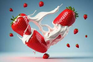 jordgubbar, jordgubbsfärgad yoghurt flygande runt om. ai genererad foto