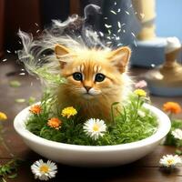 kattunge sitter i en blomma pott, pott i de trädgård, söt kattunge, inhemsk katt, söt katt tapet. ai genererad foto