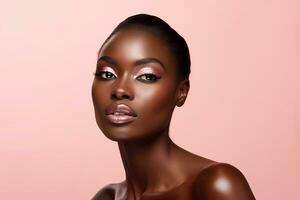 skön afrikansk amerikan kvinna med smink på rosa bakgrund.ai genererad foto
