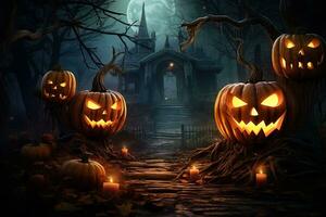 halloween bakgrund med skrämmande pumpor i mörk skog ai genererad foto