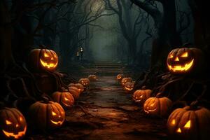 halloween bakgrund med skrämmande pumpor i mörk skog ai genererad foto