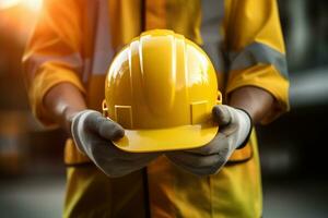 närbild av en konstruktion arbetstagare innehav en hård hatt i hans händer ai genererad foto