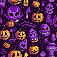 halloween sömlös mönster med pumpor och skallar ai genererad foto