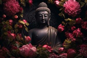 buddha staty omgiven förbi rosa pion blommor på mörk bakgrund ai genererad foto