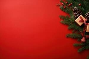 jul bakgrund med gran grenar, koner och gåva låda på röd bakgrund ai genererad foto