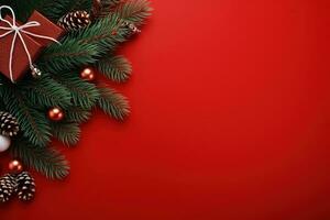 jul bakgrund med gran grenar, koner och gåva låda på röd bakgrund ai genererad foto