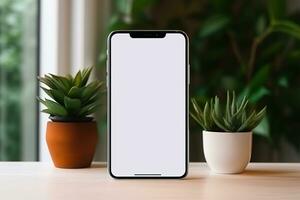 smartphone attrapp med tom skärm och saftig växt på trä- tabell ai genererad foto