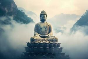 buddha staty på de topp av berg i dimmig morgon- ai genererad foto