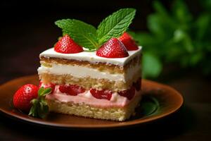 jordgubb kaka med vispad grädde och färsk jordgubbar, selektiv fokus ai genererad foto