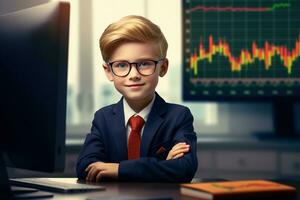 porträtt av en söt liten pojke i en företag kostym Sammanträde på de tabell i främre av en övervaka med en stock marknadsföra Diagram ai genererad foto