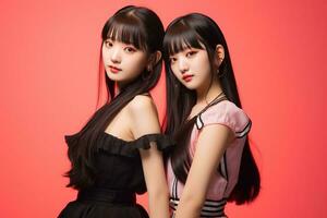 porträtt av två skön asiatisk kvinnor i svart klänning på röd bakgrund ai genererad foto