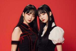 porträtt av två skön asiatisk kvinnor i svart klänning på röd bakgrund ai genererad foto