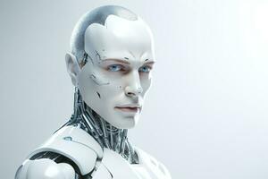 porträtt av en robot i en vit trogen interiör, konstgjord intelligens begrepp ai genererad foto
