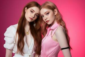 porträtt av två skön flickor i de studio på en rosa bakgrund ai genererad foto