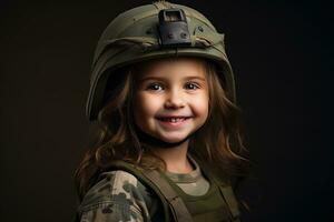 porträtt av en liten flicka i en militär enhetlig. studio skott. ai genererad foto