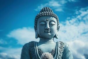 buddha staty med blå himmel och moln bakgrund ai genererad foto