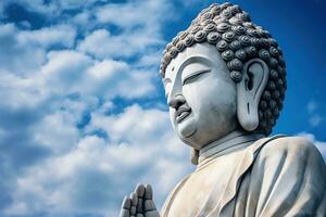 buddha staty med blå himmel och moln bakgrund ai genererad foto
