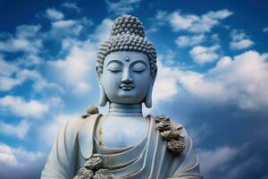 buddha staty med blå himmel och moln bakgrund ai genererad foto