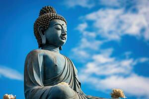 buddha staty med blå himmel och moln bakgrund ai genererad foto
