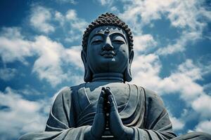 buddha staty med blå himmel och moln bakgrund ai genererad foto