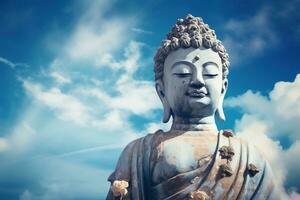 buddha staty med blå himmel och moln bakgrund ai genererad foto