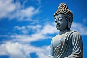 buddha staty med blå himmel och moln bakgrund ai genererad foto