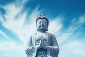 buddha staty med blå himmel och moln bakgrund ai genererad foto