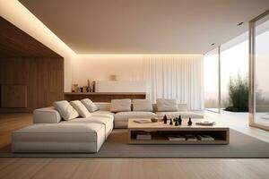 interiör av modern levande rum med trä- väggar, trä- golv, bekväm vit soffa och kaffe tabell foto