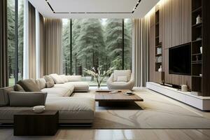 modern levande rum interiör design med trä- golv, panorama- fönster, soffa, kaffe tabell och bokhylla foto