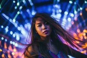 porträtt av en skön ung asiatisk kvinna med lång hår i natt klubb ai genererad foto