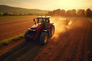 traktor besprutning pesticider på fält med spruta på solnedgång. ai genererad foto