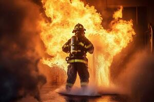 brandman och brand eldsläckare i handling. brandman stridande brand. ai genererad foto