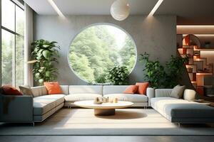 modern interiör levande rum soffa ljus se ai genererad foto