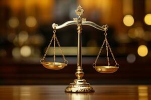 skalor av rättvisa på tabell i rättssal. lag och rättvisa begrepp ai genererad foto