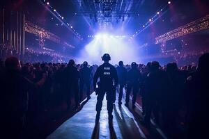 folkmassan i främre av konsert skede lampor och rök, tillbaka se ai genererad foto