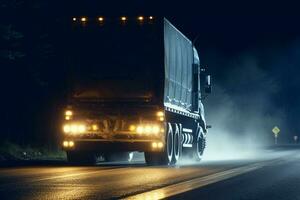 lastbil körning på de väg på natt med dimma. begrepp av frakt transport. ai genererad foto