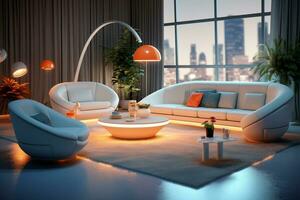 modern interiör levande rum möbel med neon lampor ai genererad foto